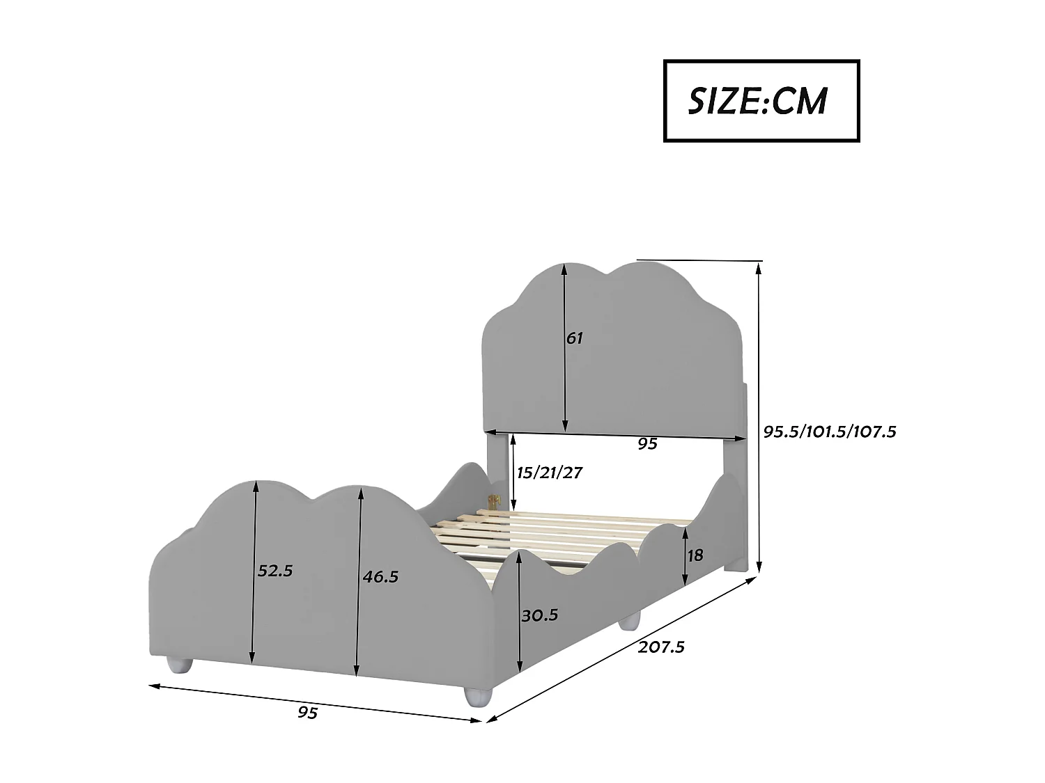 Łóżko dziecięce 90 x 200 cm – łóżko pojedyncze z zagłówkiem w kształcie chmurki i barierkami – szary aksamit