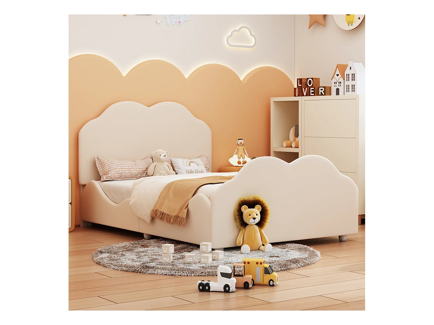 Lit enfant 90 x 200 cm - Lit simple avec tête de lit en forme de nuage et barrières de sécurité - velours beige