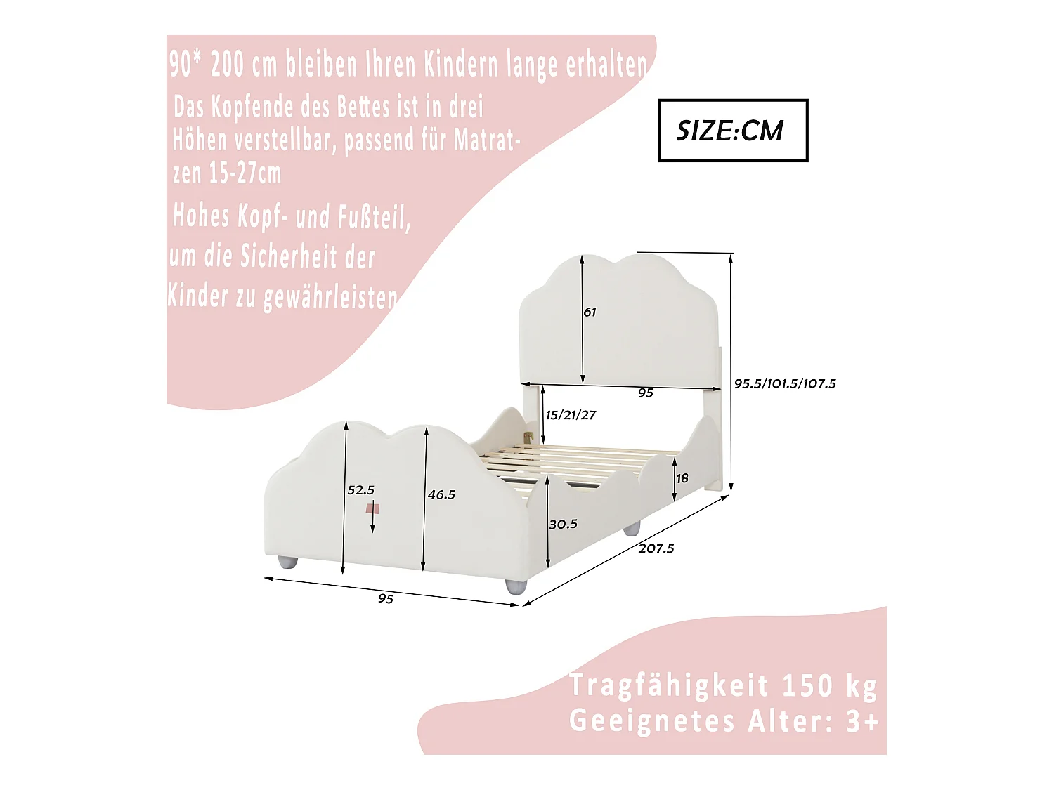 Lit enfant 90 x 200 cm - Lit simple avec tête de lit en forme de nuage et barrières de sécurité - velours beige