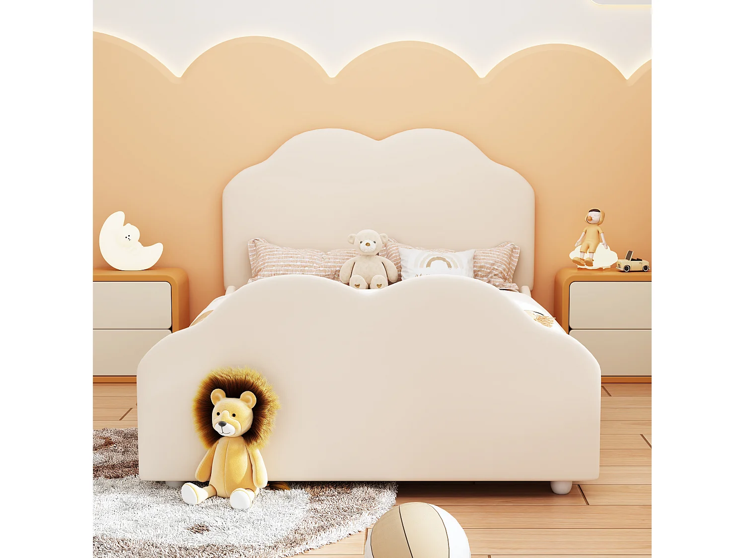Letto per bambini 90 x 200 cm - Letto singolo con testiera a forma di nuvola e sponde di sicurezza - velluto beige