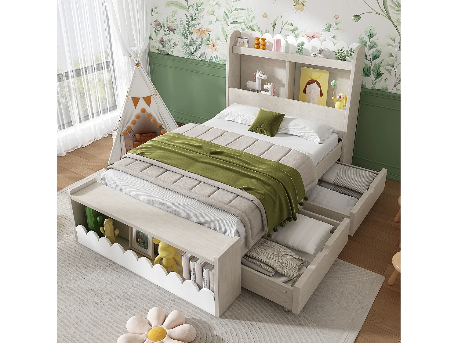 Cama de criança 90x200 cm - Cama individual com gavetas e banco - com armário aberto - branca - sem colchão