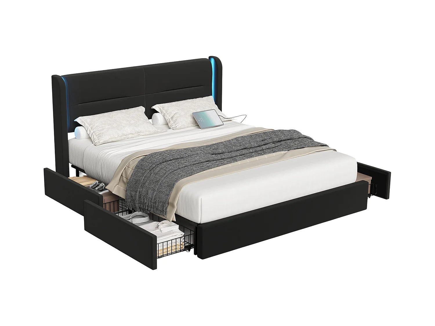 Lit adulte 140x200 cm - Lit double avec USB et éclairage LED - 4 tiroirs - velours noir - sans matelas