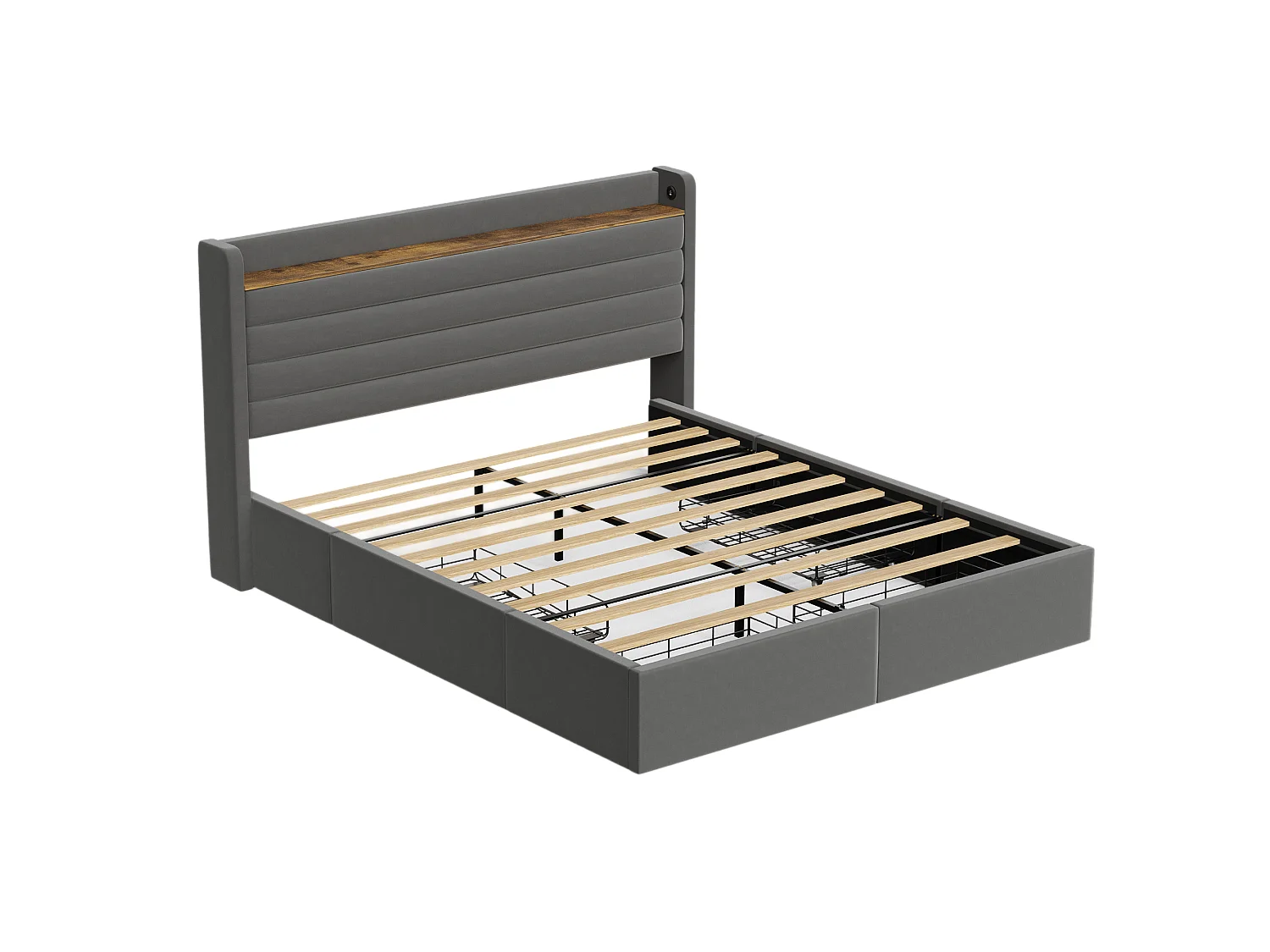 Cama de adulto 160 x 200 cm - Cama de casal com carregador USB e 4 gavetas - veludo cinza - sem colchão