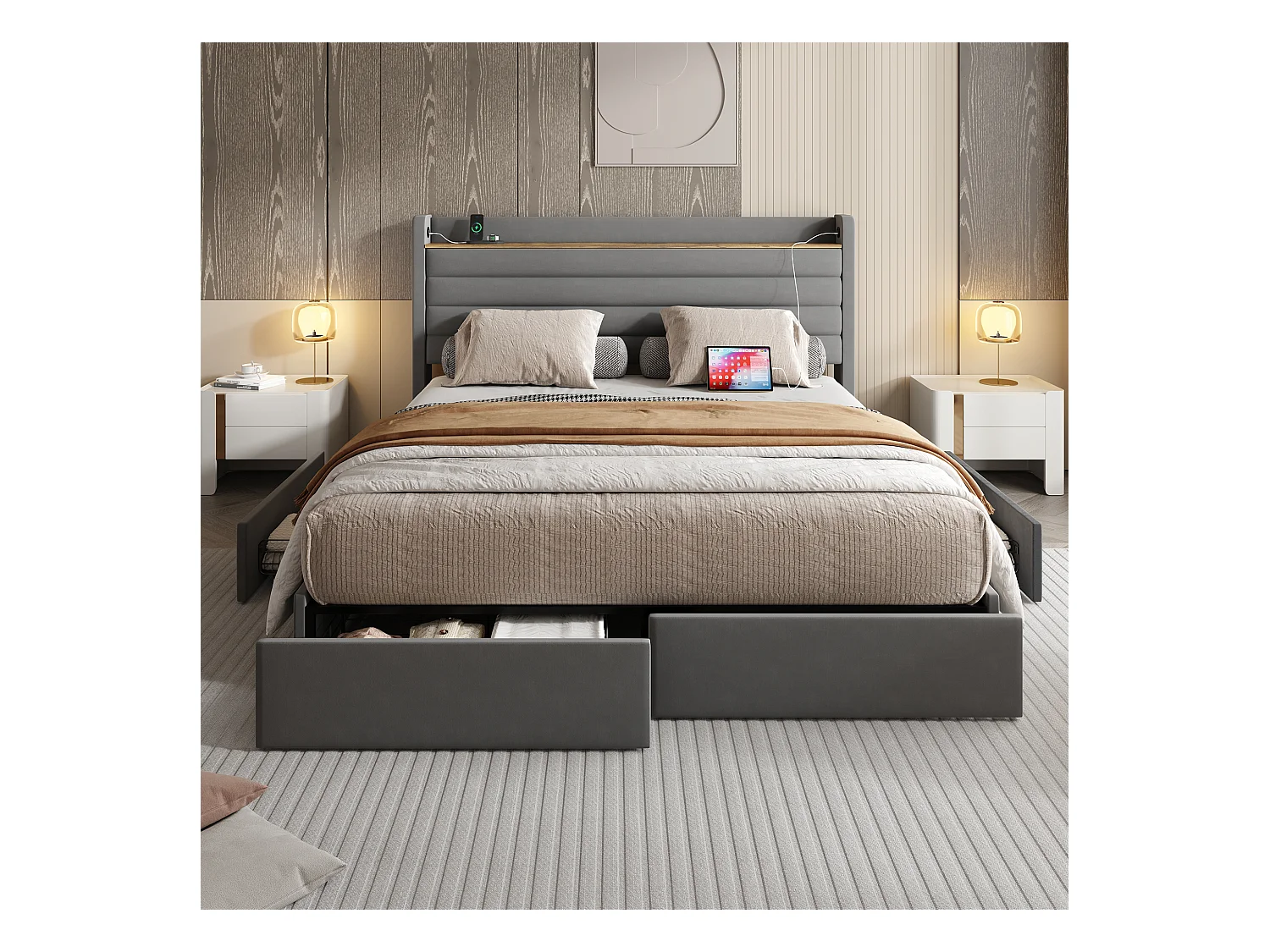 Cama de adulto 160 x 200 cm - Cama de casal com carregador USB e 4 gavetas - veludo cinza - sem colchão