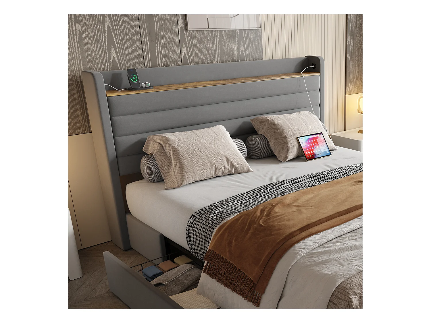 Cama de adulto 160 x 200 cm - Cama de casal com carregador USB e 4 gavetas - veludo cinza - sem colchão