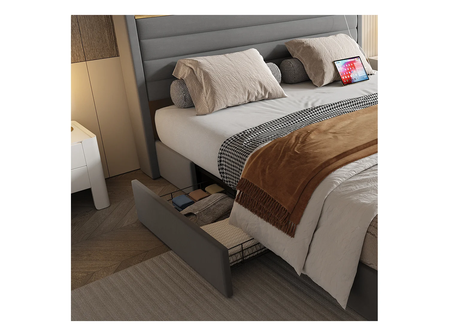 Cama de adulto 160 x 200 cm - Cama de casal com carregador USB e 4 gavetas - veludo cinza - sem colchão