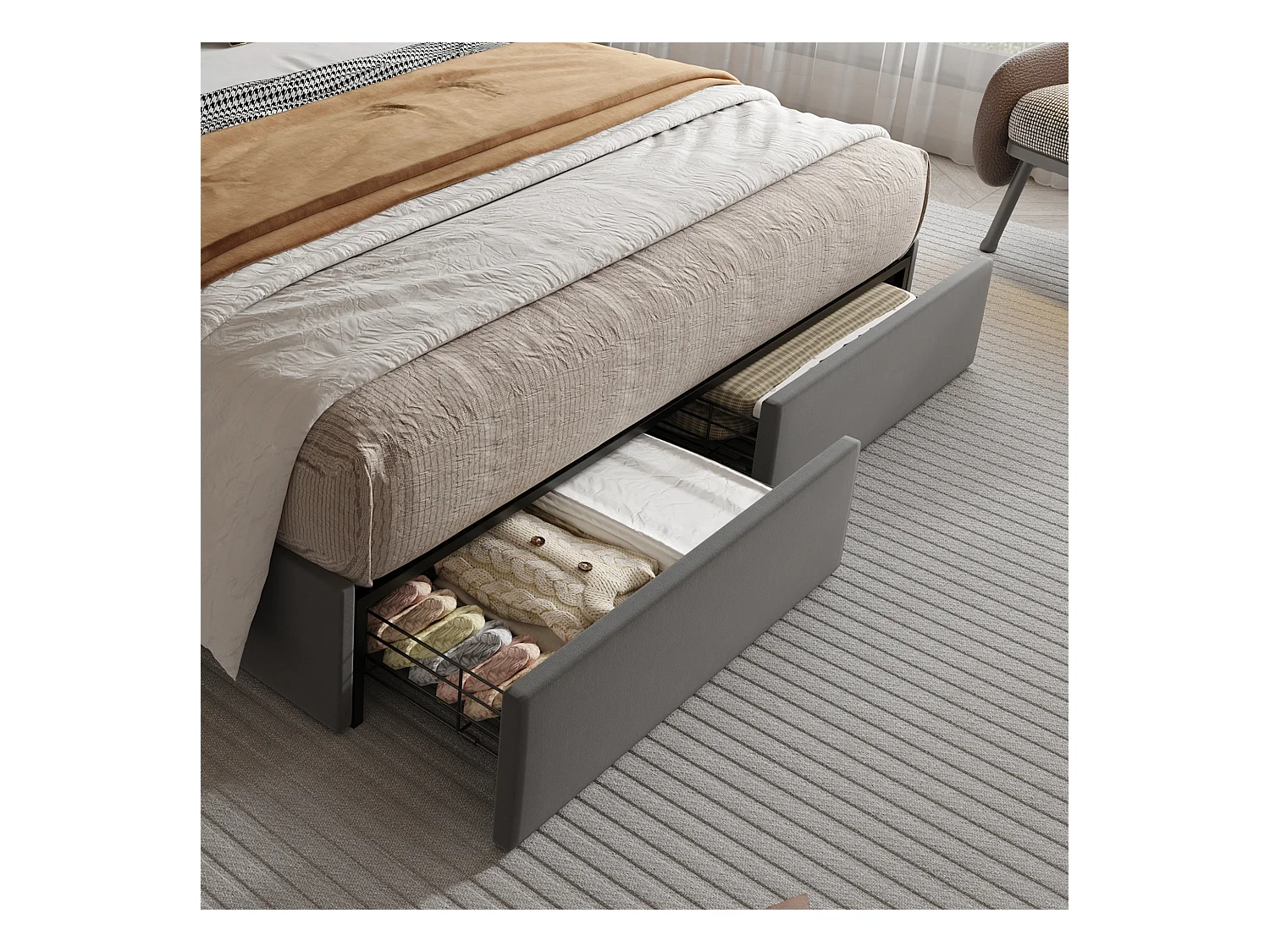 Cama de adulto 160 x 200 cm - Cama de casal com carregador USB e 4 gavetas - veludo cinza - sem colchão