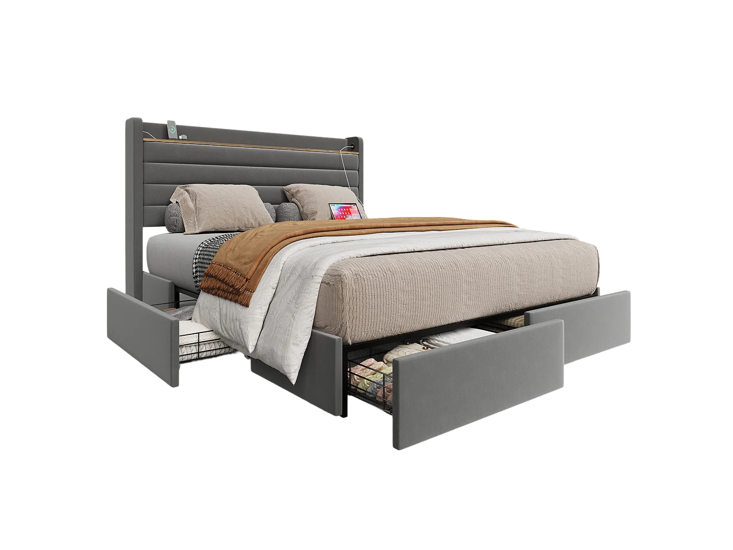 Cama tapizada 160x200 cm - Cama de matrimonio con cargador USB y 4 cajones - terciopelo gris - sin colchón