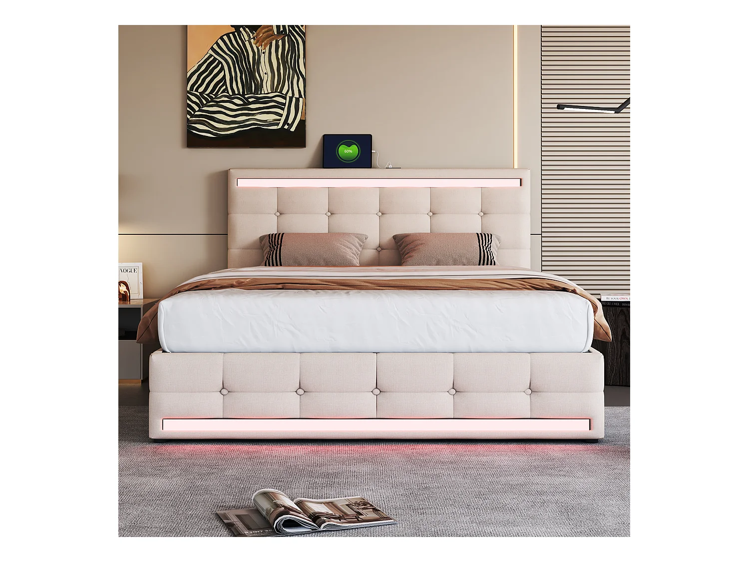 Lit adulte 140x200 cm - Lit double avec éclairage LED et recharge USB - 4 tiroirs - lin beige - sans matelas
