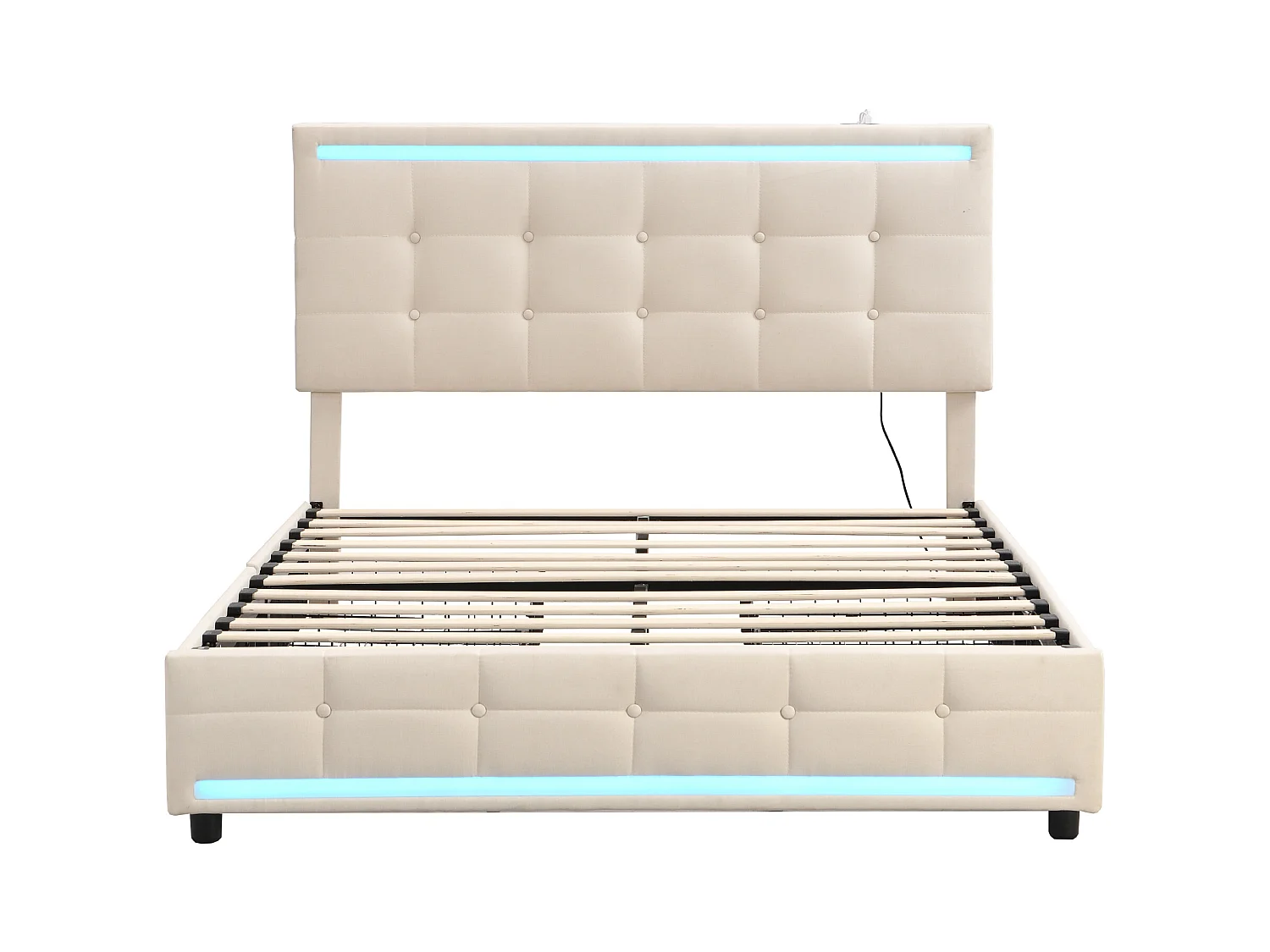Lit adulte 140x200 cm - Lit double avec éclairage LED et recharge USB - 4 tiroirs - lin beige - sans matelas