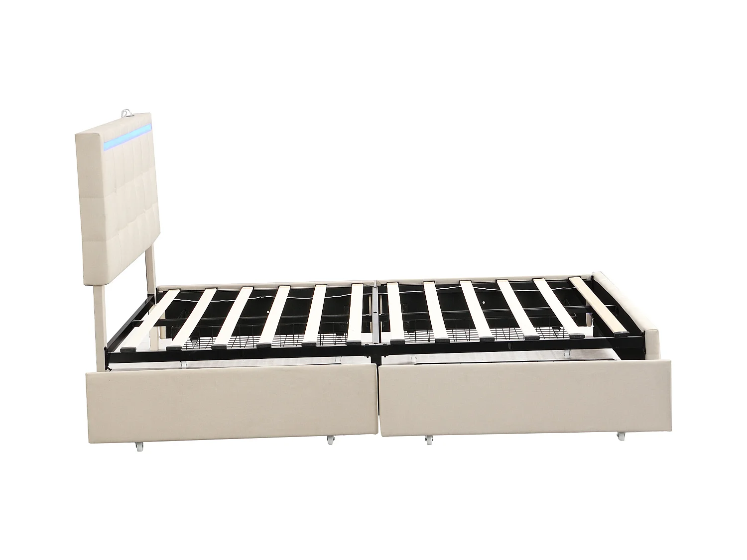 Lit adulte 140x200 cm - Lit double avec éclairage LED et recharge USB - 4 tiroirs - lin beige - sans matelas