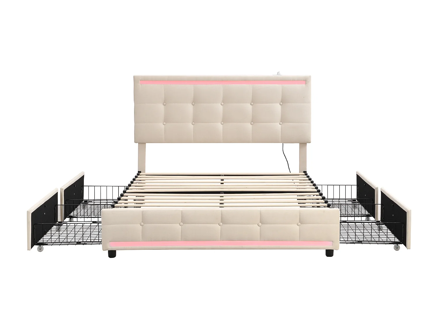 Lit adulte 140x200 cm - Lit double avec éclairage LED et recharge USB - 4 tiroirs - lin beige - sans matelas