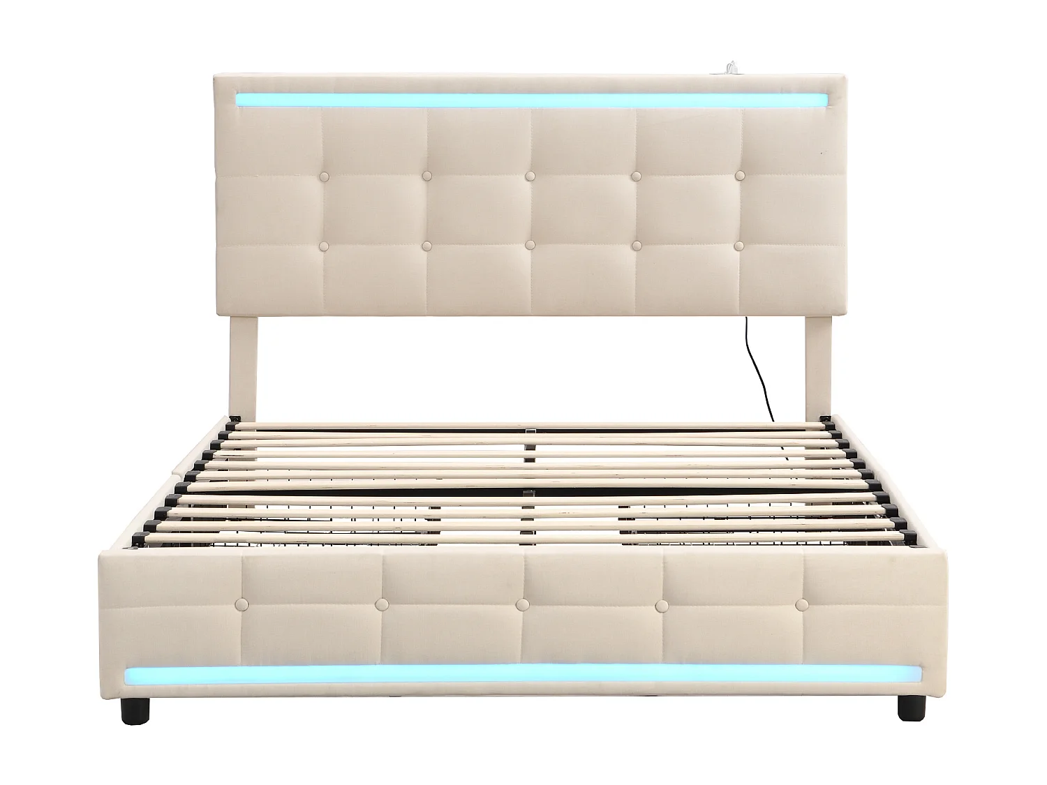 Lit adulte 140x200 cm - Lit double avec éclairage LED et recharge USB - 4 tiroirs - lin beige - sans matelas