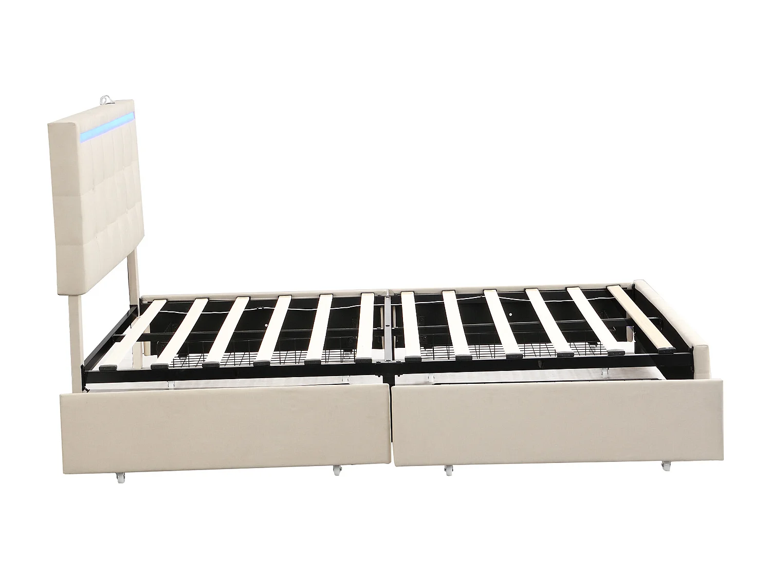 Lit adulte 140x200 cm - Lit double avec éclairage LED et recharge USB - 4 tiroirs - lin beige - sans matelas