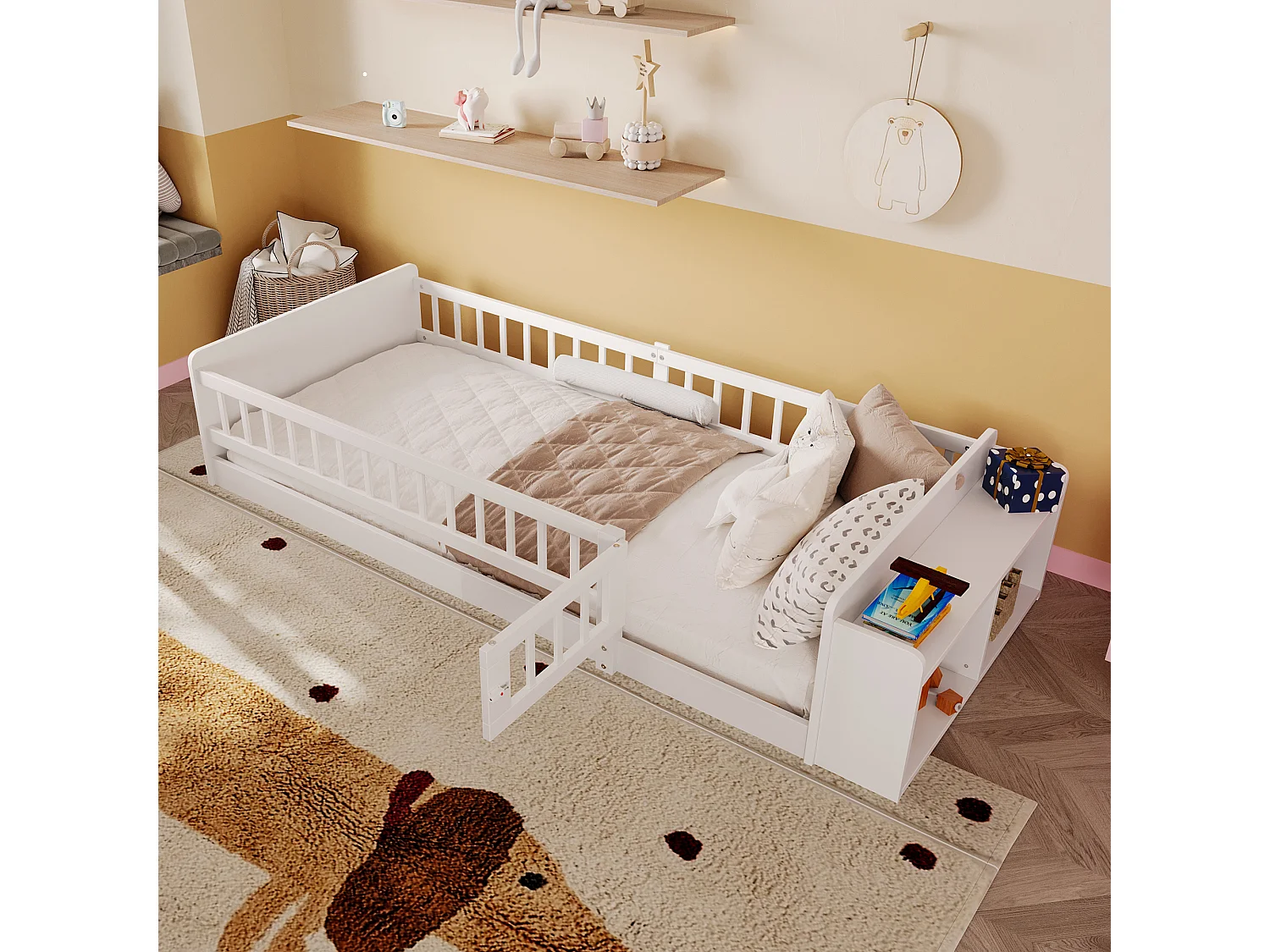 Cama infantil 90 x 200 cm - Cama juvenil con espacio de almacenaje abierto - madera blanca - sin colchón