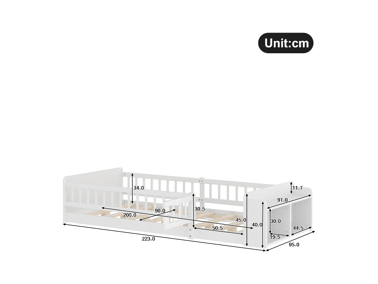 Cama infantil 90 x 200 cm - Cama juvenil con espacio de almacenaje abierto - madera blanca - sin colchón