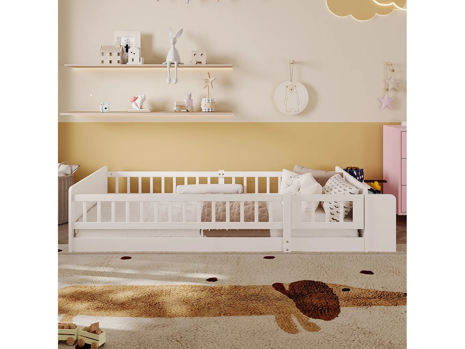 Lit enfant 90 x 200 cm - Lit ado avec rangement ouvert - bois blanc - sans matelas