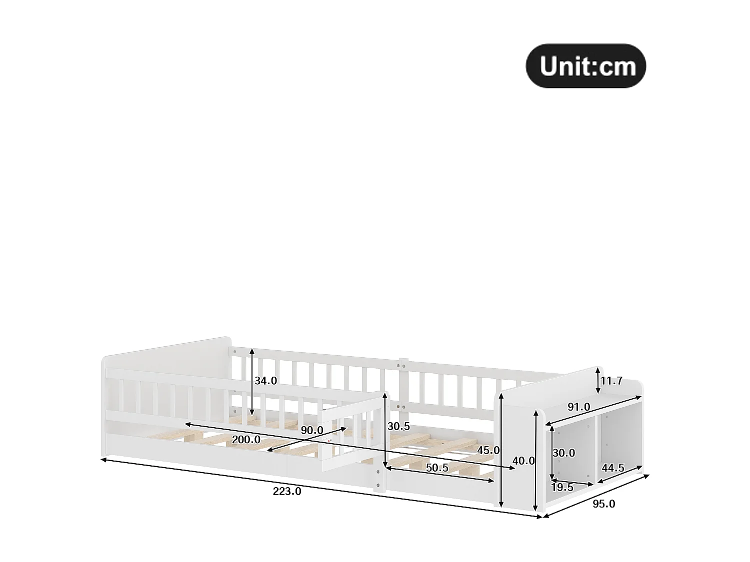 Lit enfant 90 x 200 cm - Lit ado avec rangement ouvert - bois blanc - sans matelas