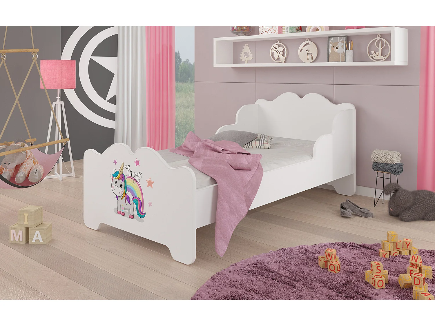 KINDERBETT Ximena 164 / 88 / 63cm weiß / Motiv Einhorn mit Regenbogen