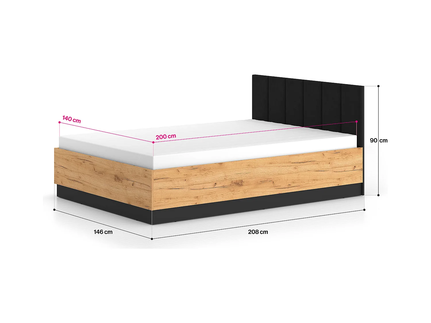 DOPPELBETT Urso Gold Craft Eiche / Schwarz 145 / 208 / 90 cm