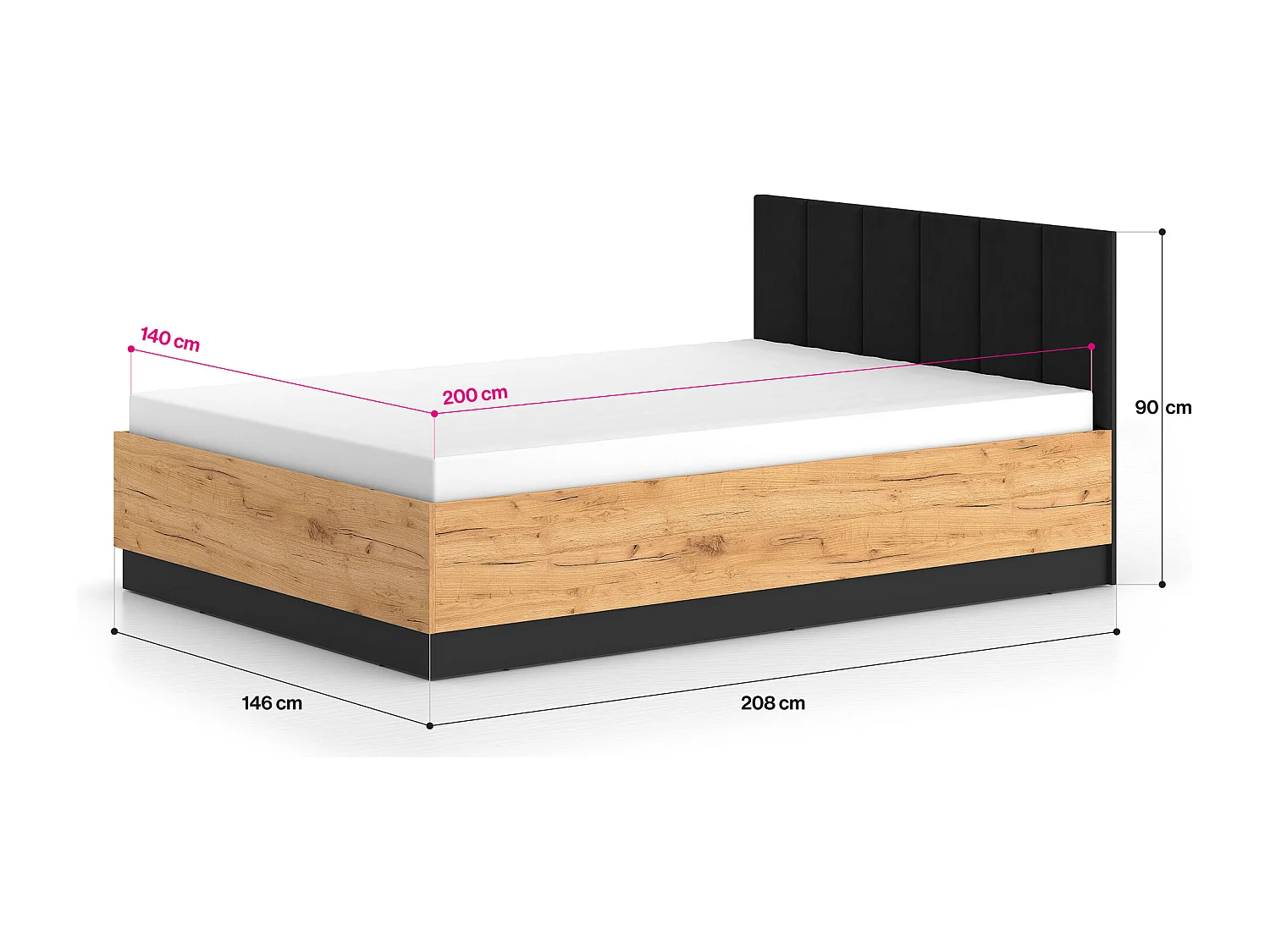 DOPPELBETT Urso Gold Craft Eiche / Schwarz 145 / 208 / 90 cm