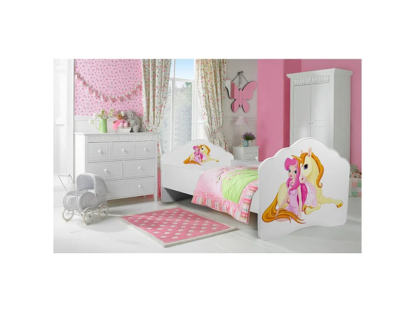 KINDERBETT Casimo weiß / Motiv Elfe mit Einhorn 88 / 164 / 63cm