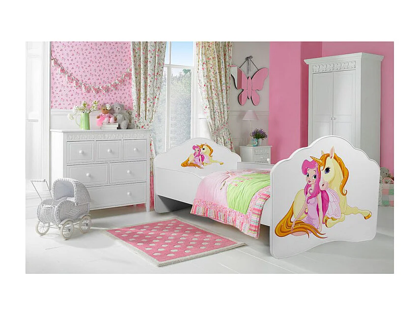 KINDERBETT Casimo weiß / Motiv Elfe mit Einhorn 88 / 164 / 63cm