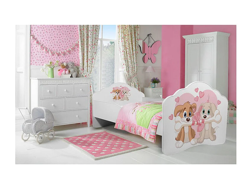 KINDERBETT Casimo weiß / Motiv Hundepaar 88 / 164 / 63cm