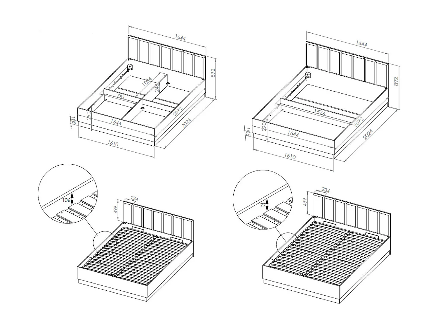 DOPPELBETT Urso Gold Craft Eiche / Schwarz 165 / 208 / 90 cm