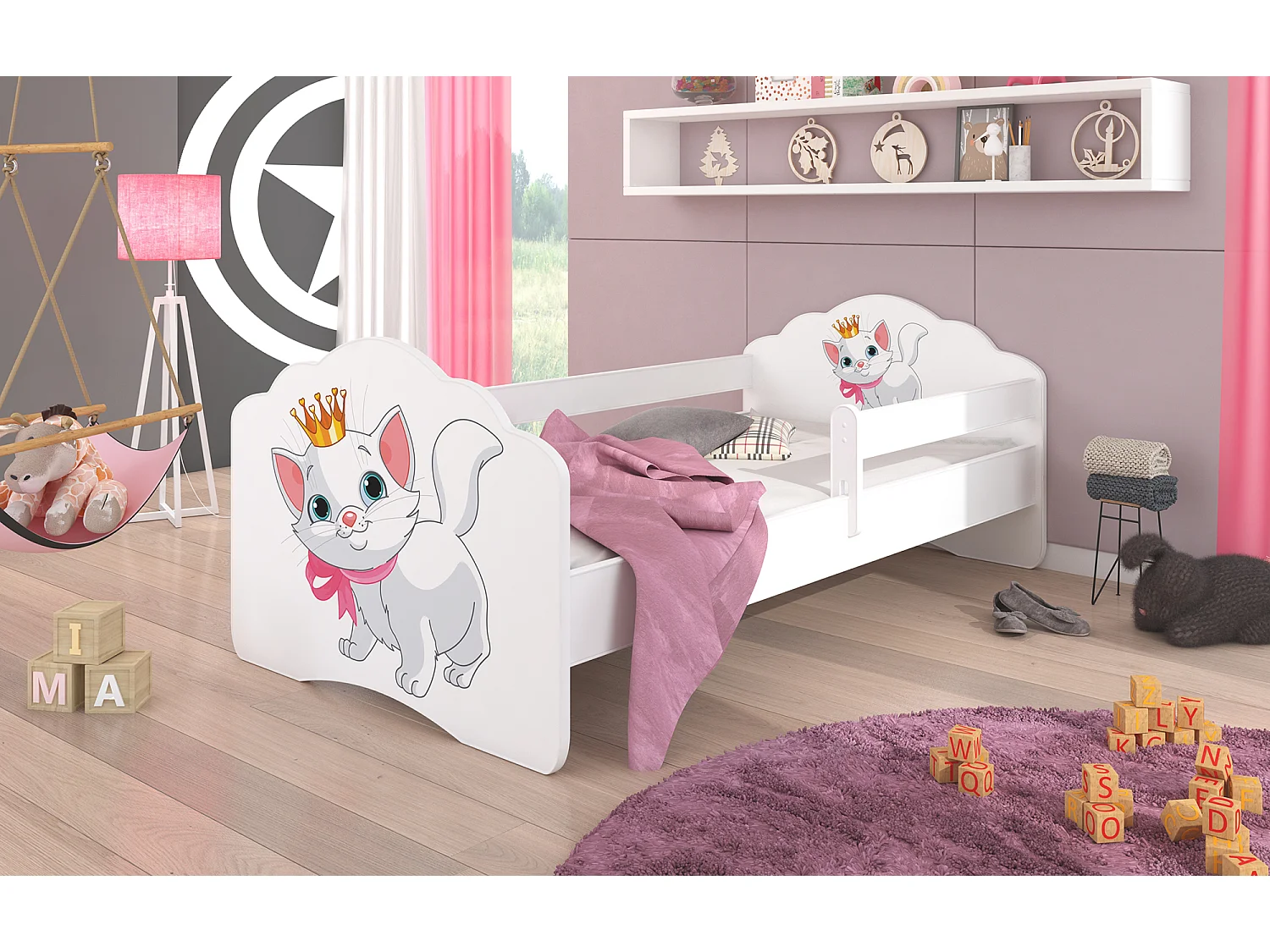KINDERBETT Casimo weiß / Motiv Katze 88 / 164 / 63cm