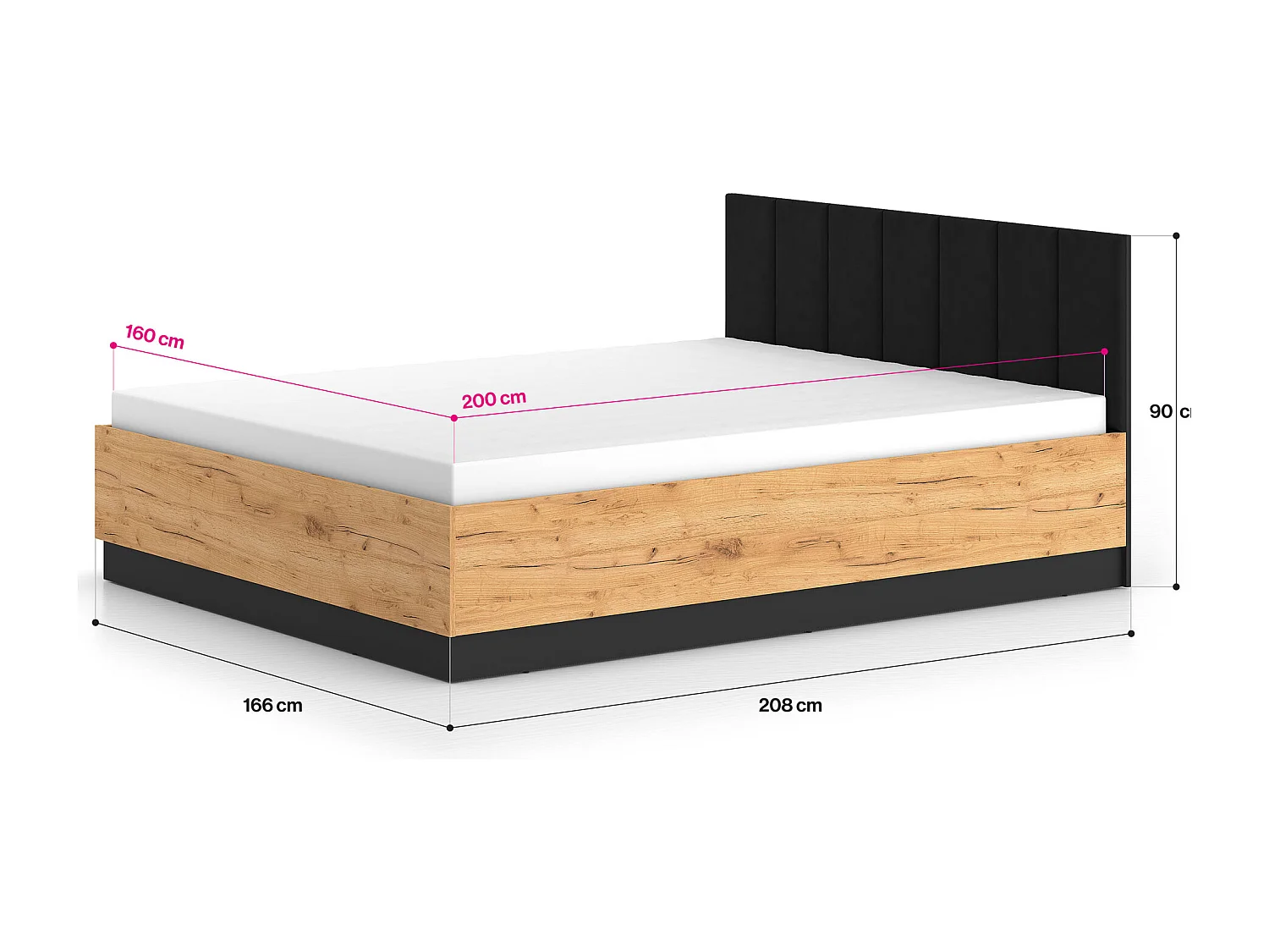 DOPPELBETT Urso Gold Craft Eiche / Schwarz 165 / 208 / 90 cm