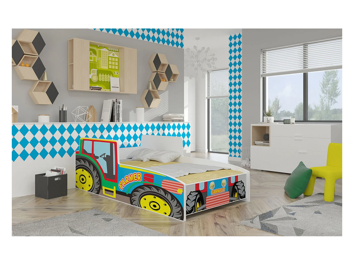 KINDERBETT Traktor Farmer weiß / Motiv Farmer Traktor 74 / 154 / 60cm