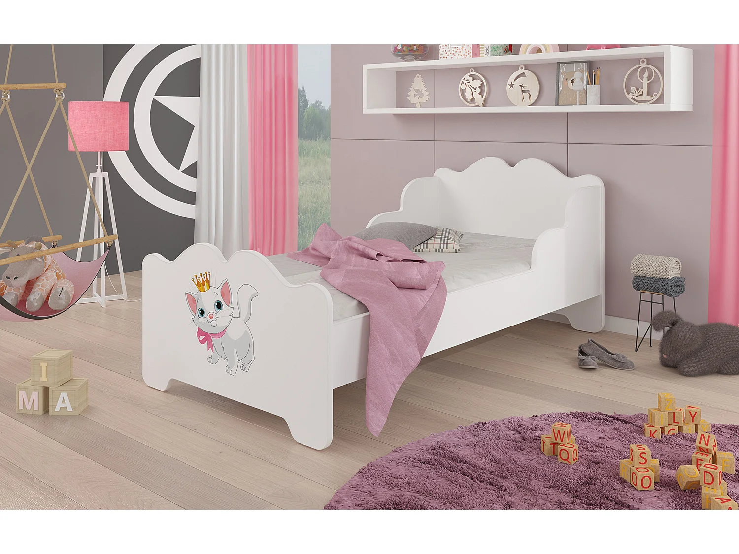 KINDERBETT Ximena 164 / 88 / 63cm weiß / Motiv Katze