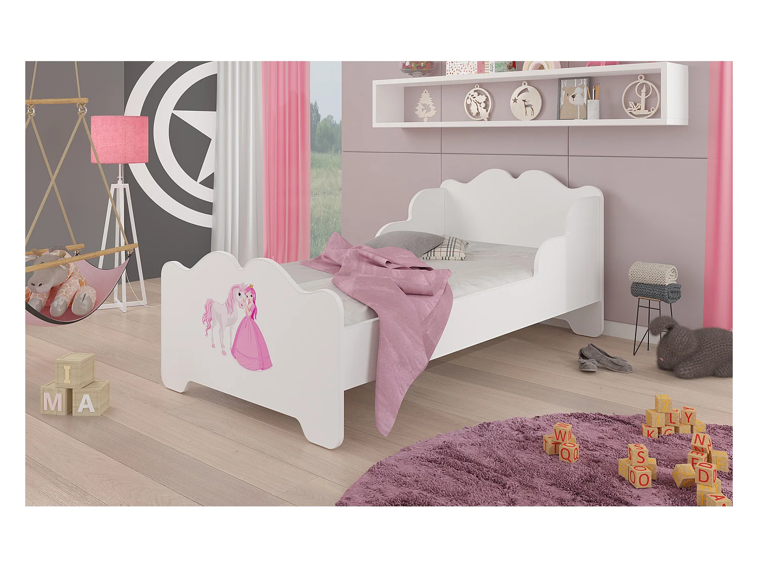 KINDERBETT Ximena 164 / 88 / 63cm weiß / Motiv Prinzessin mit Pferd