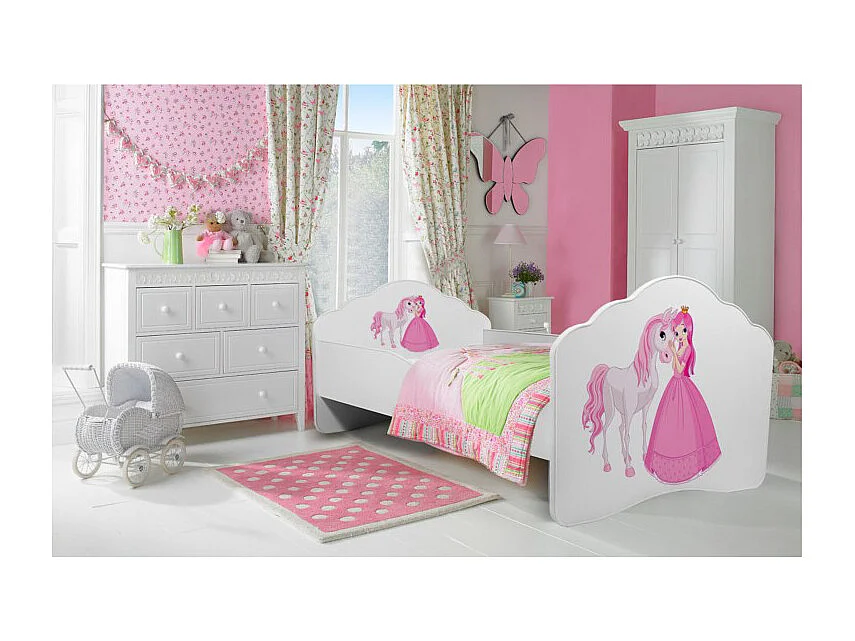 KINDERBETT Casimo weiß / Motiv Prinzessin mit Pferd 88 / 164 / 63cm