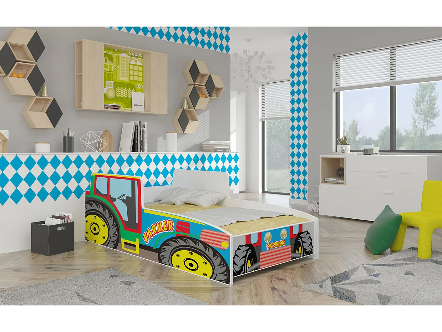 KINDERBETT Traktor Farmer weiß / Motiv Farmer Traktor 84 / 165 / 49cm