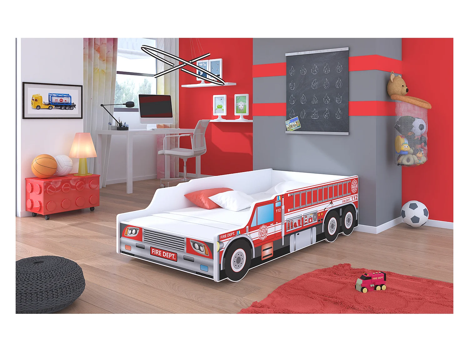 KINDERBETT Fire weiß / Motiv Feuerwehrauto 84 / 165 / 43cm