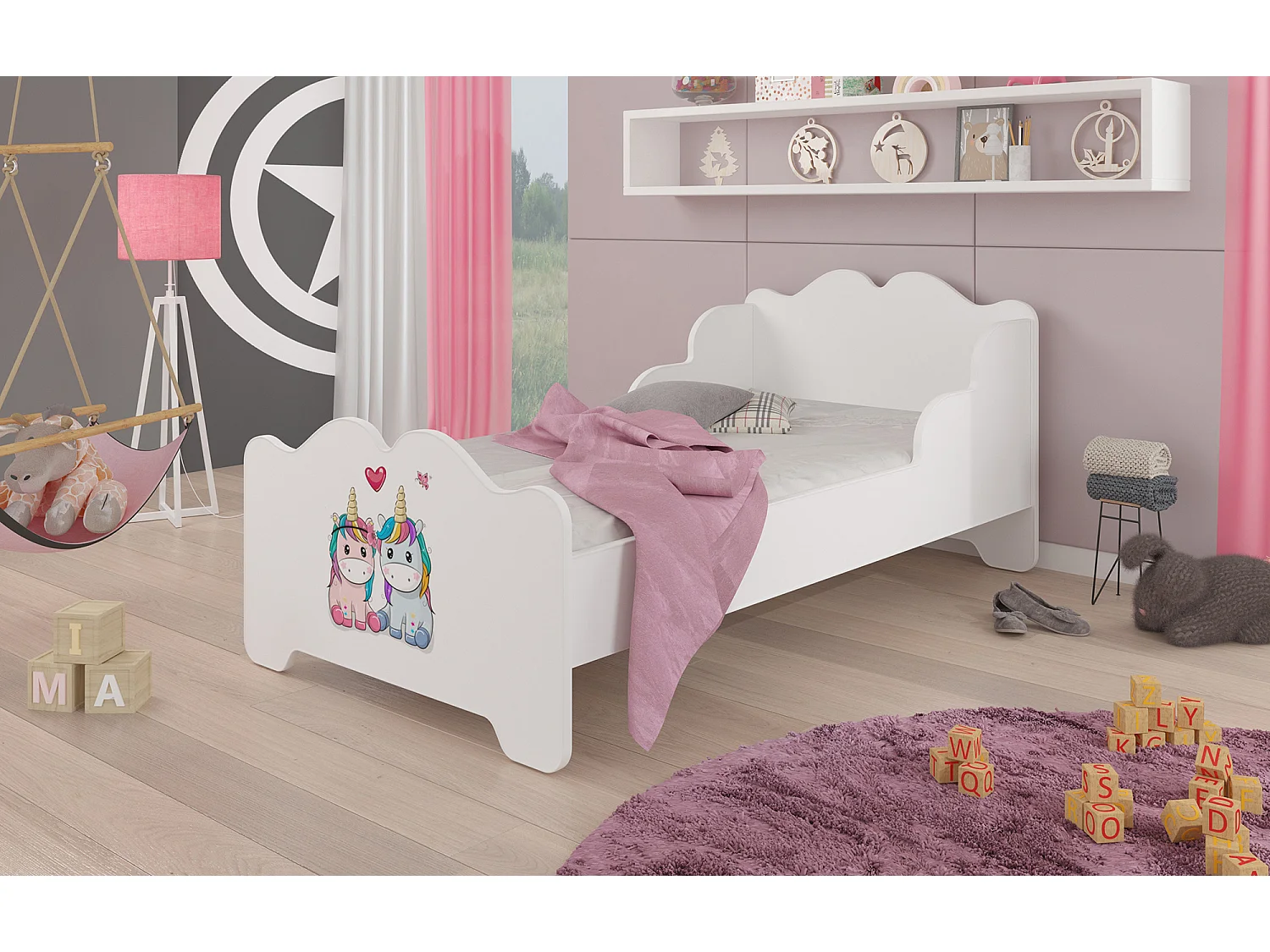 KINDERBETT Ximena 164 / 88 / 63cm weiß / Motiv Einhorn Paar