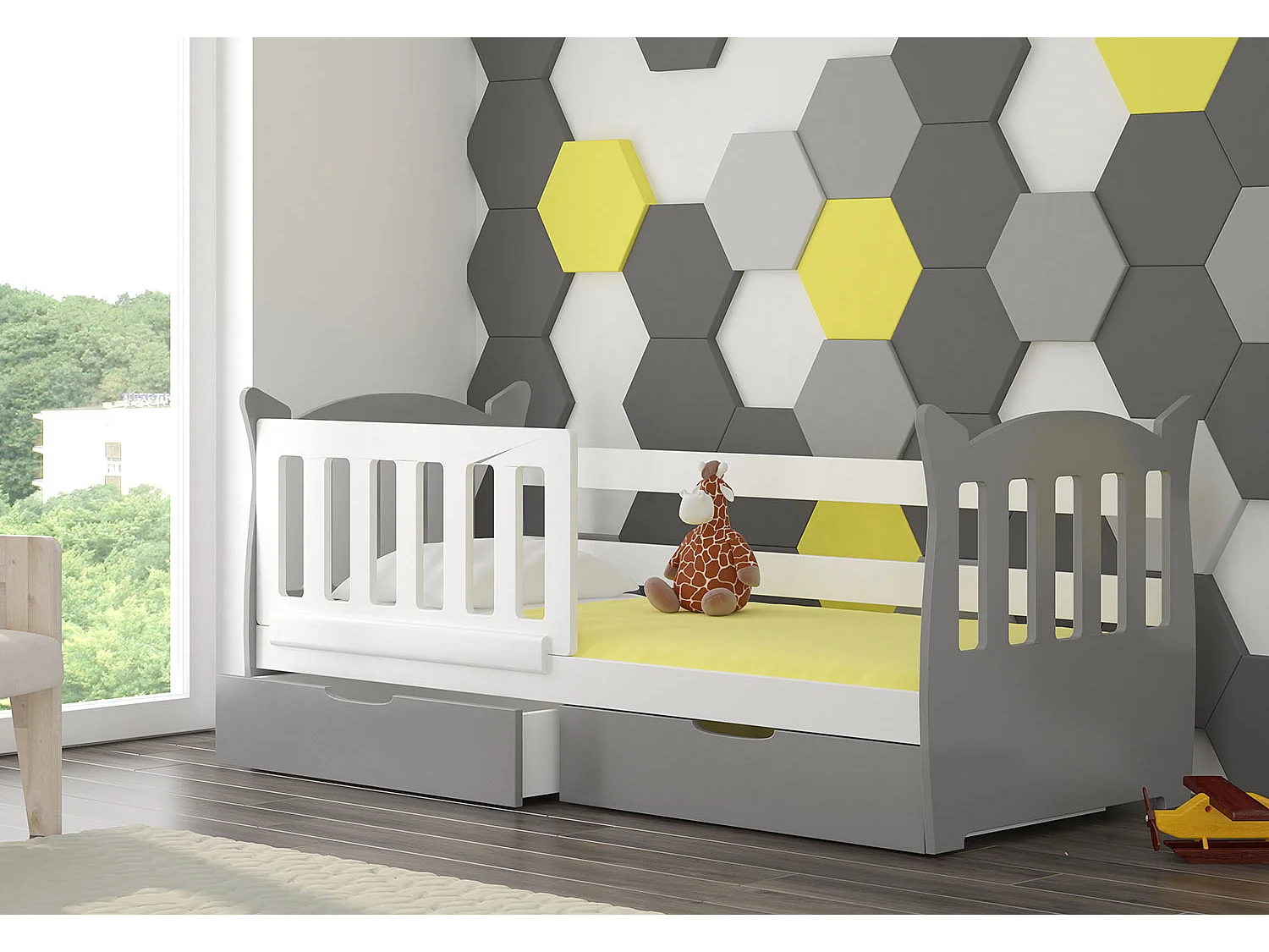 KINDERBETT Lena Kiefer weiß / grau 91 / 165 / 75cm