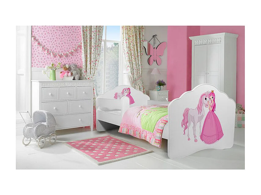 KINDERBETT Casimo weiß / Motiv Prinzessin mit Pferd 88 / 164 / 63cm