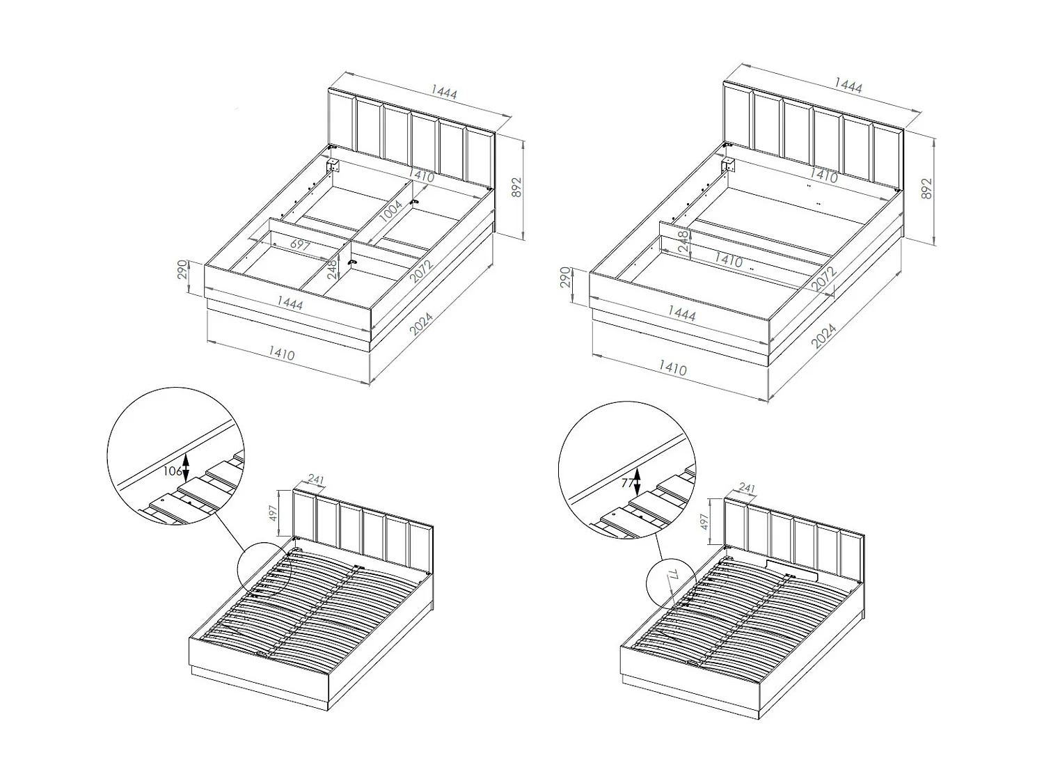 DOPPELBETT Urso Gold Craft Eiche / Schwarz 145 / 208 / 90 cm