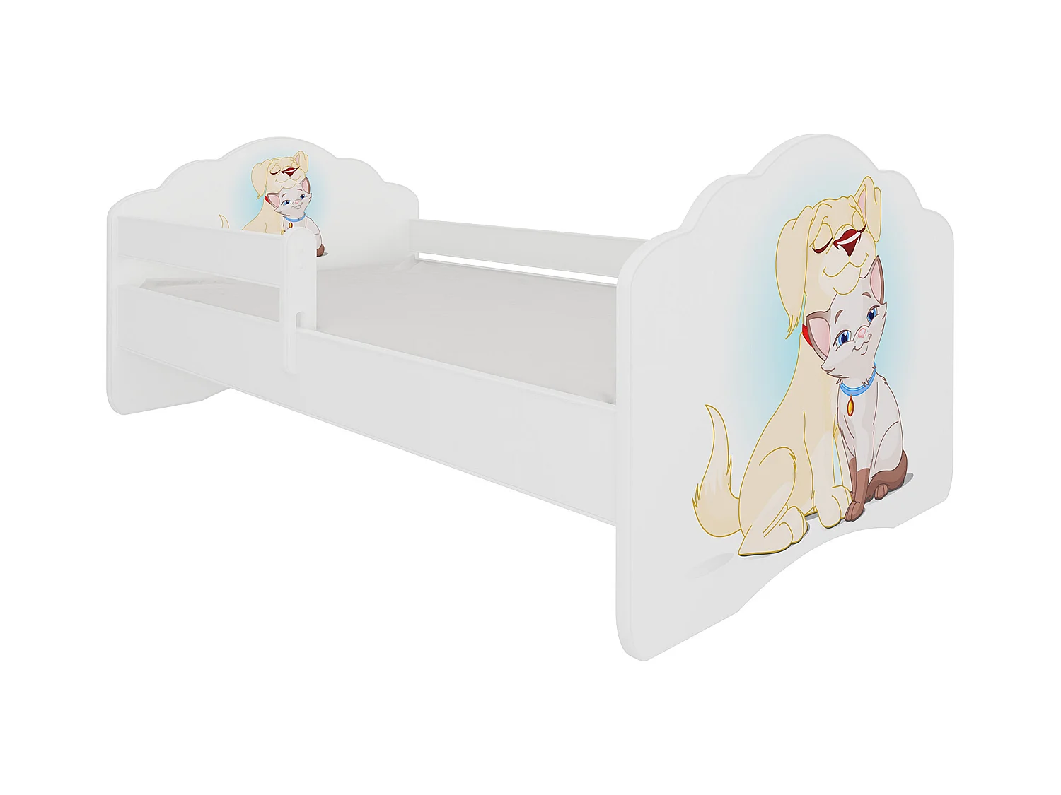 KINDERBETT Casimo weiß / Motiv Hund und Katze 88 / 164 / 63cm