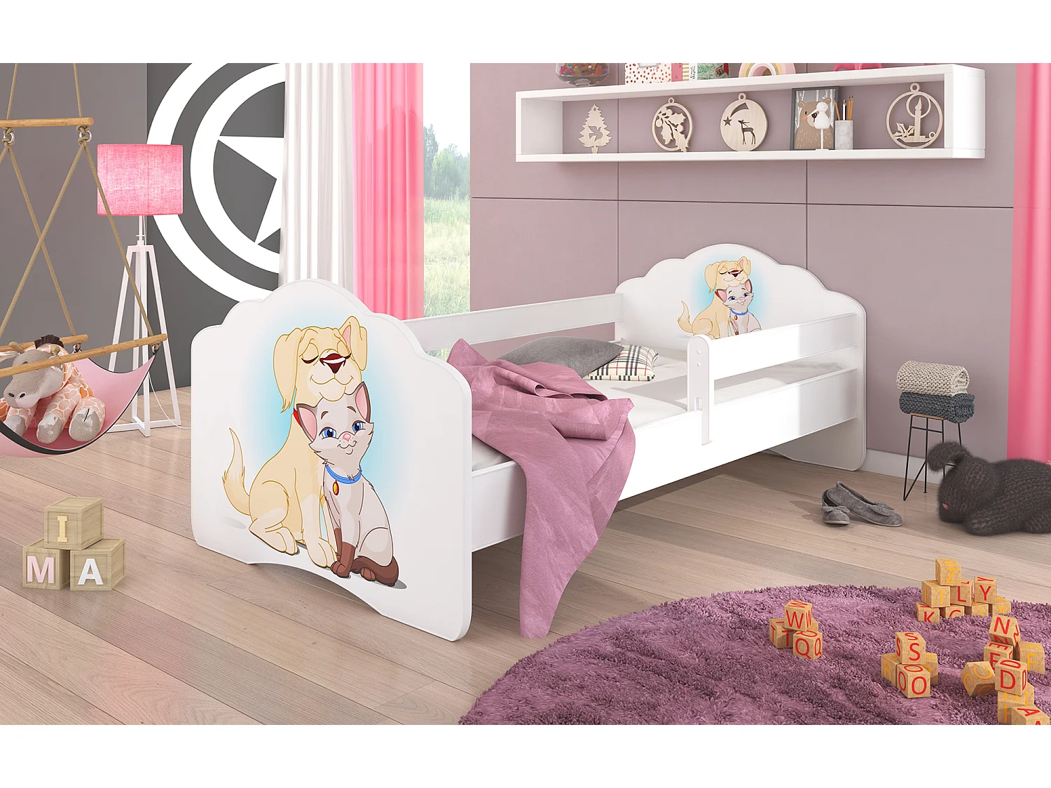 KINDERBETT Casimo weiß / Motiv Hund und Katze 88 / 164 / 63cm