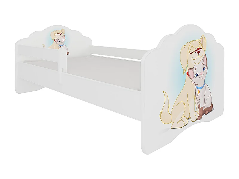 KINDERBETT Casimo weiß / Motiv Hund und Katze 88 / 164 / 63cm