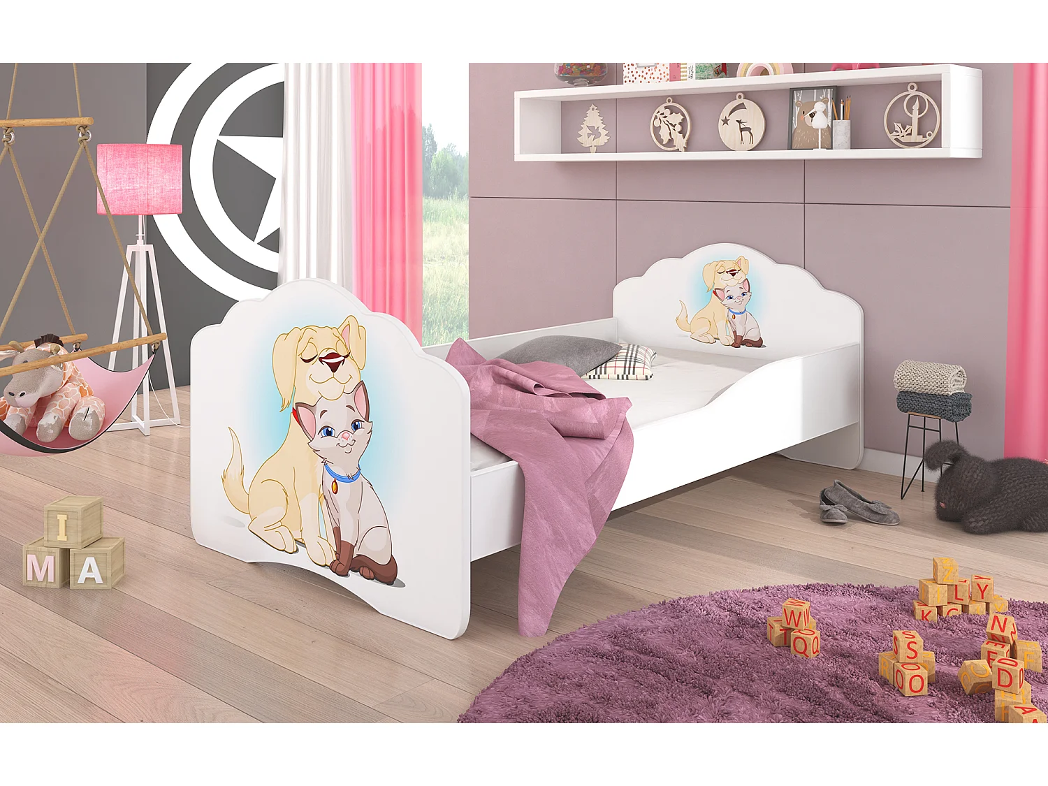 KINDERBETT Casimo weiß / Hund und Katze 88 / 164 / 63cm