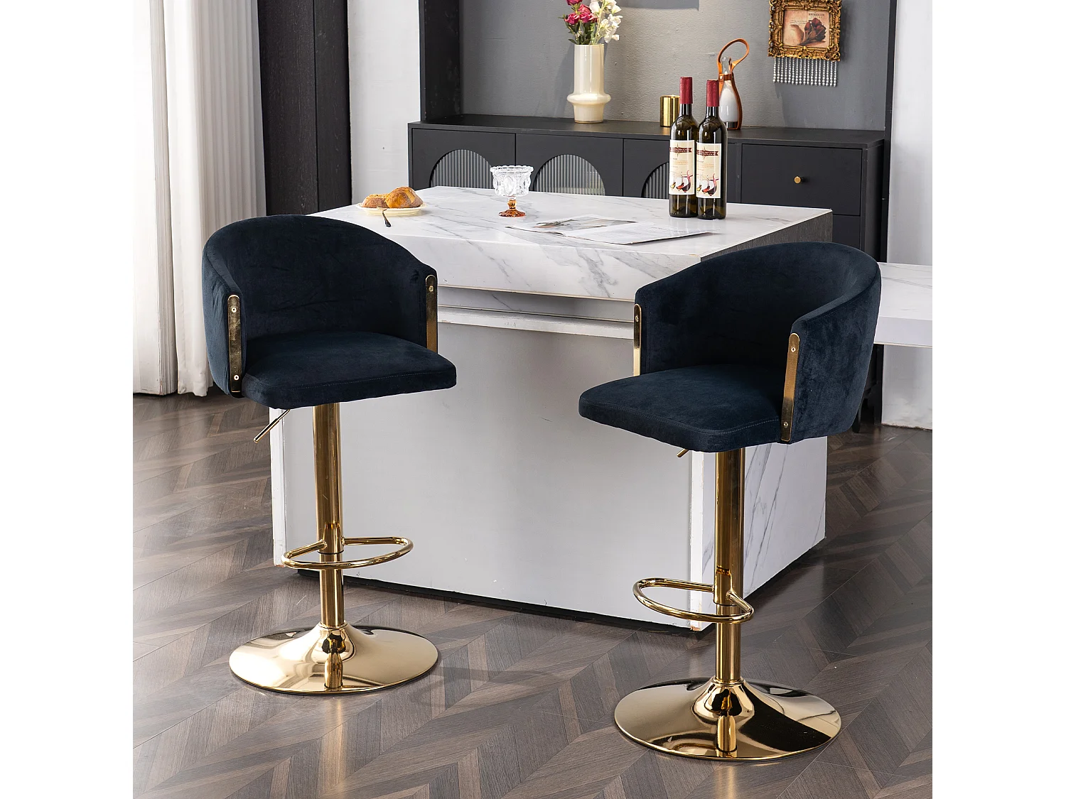 Set di 2 sgabelli da bar girevoli - Sgabelli elevabili con schienale e poggiapiedi dorato - per cucine, bar e ristoranti - nero