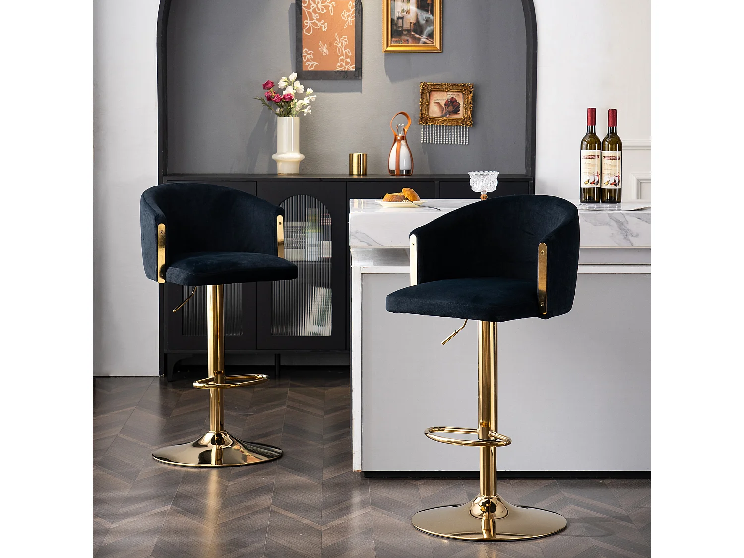 Set di 2 sgabelli da bar girevoli - Sgabelli elevabili con schienale e poggiapiedi dorato - per cucine, bar e ristoranti - nero