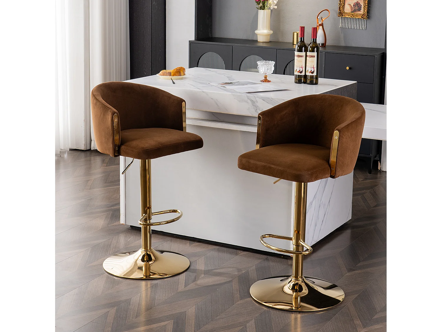 Juego de 2 taburetes de bar giratorios - Taburetes elevables con respaldo y reposapiés dorados - para cocinas, bares y restaurantes - marrón