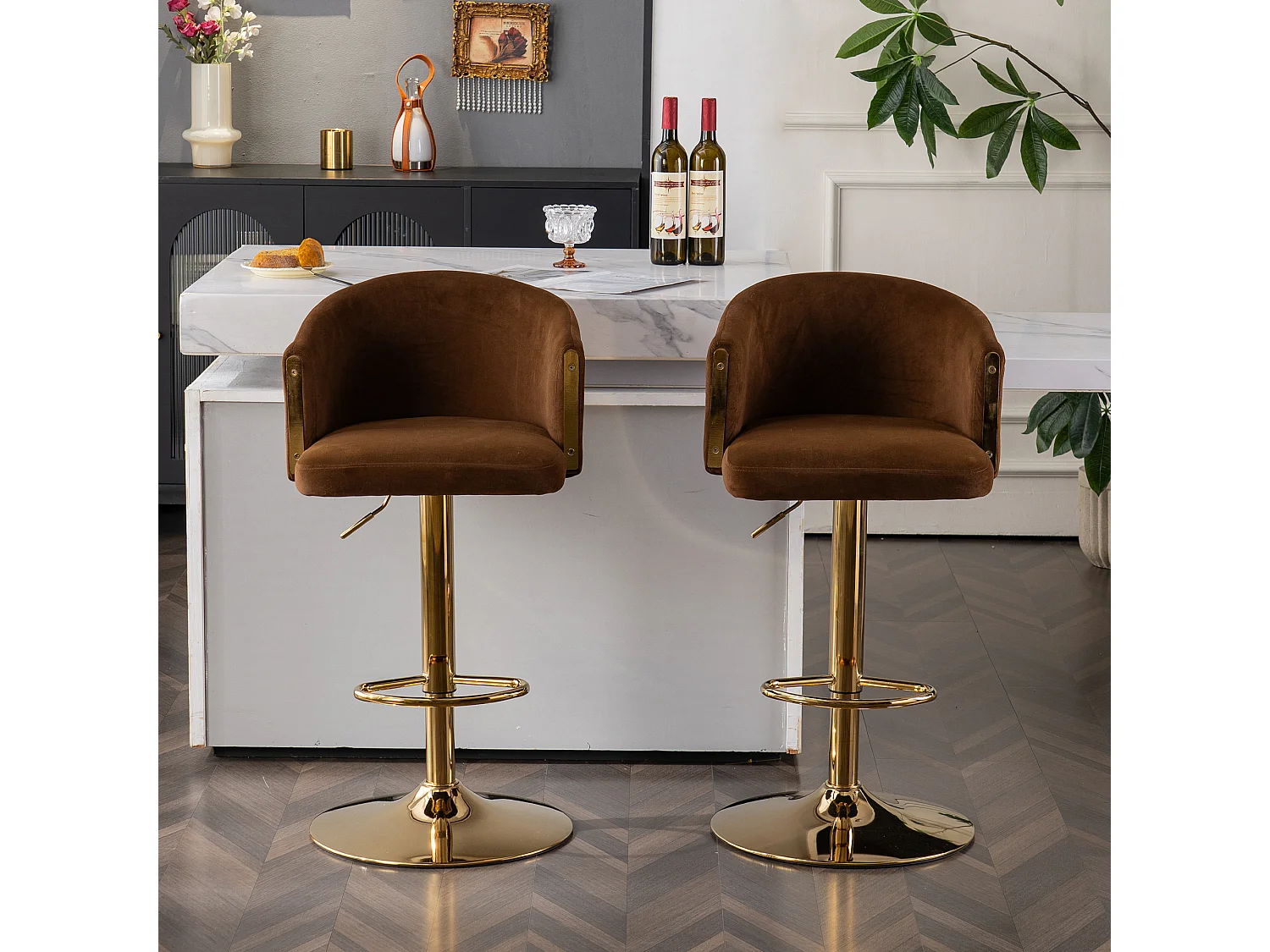 Juego de 2 taburetes de bar giratorios - Taburetes elevables con respaldo y reposapiés dorados - para cocinas, bares y restaurantes - marrón