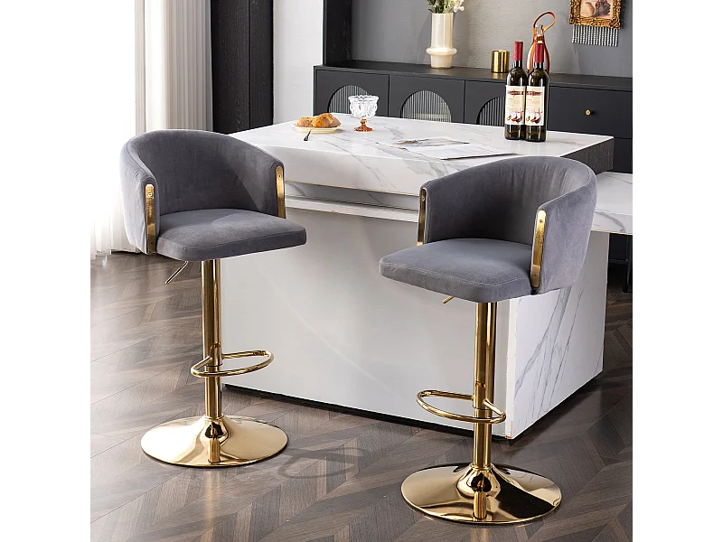 Lot de 2 tabourets de bar pivotants - Tabourets relevables avec dossier et repose-pieds dorés - pour cuisines, bars et restaurants - gris